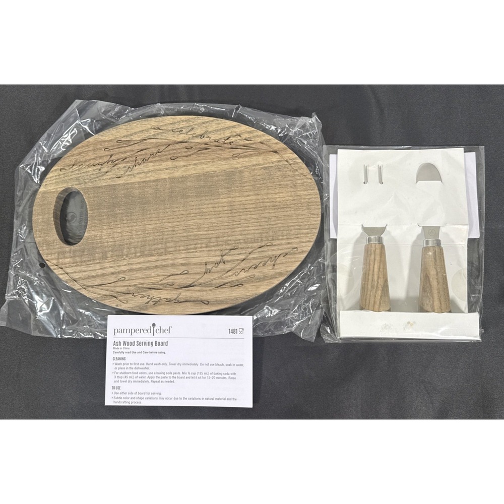 Pampered Chef Ash Wood Serving Board Set Brown Etched Charcuterie 1481 1483
